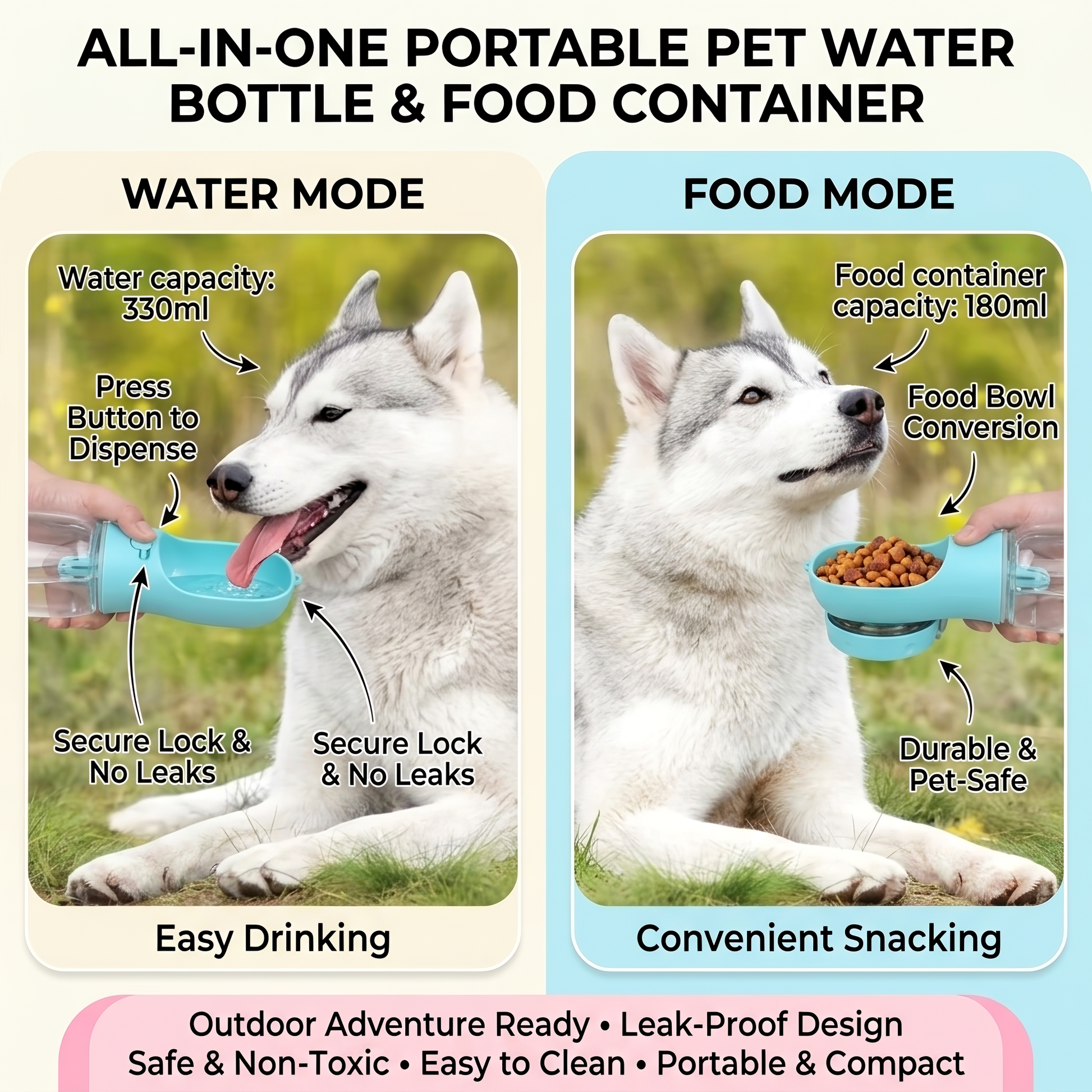 Ultimate Portable Pet Water Bottle & Food Container - Leak Proof Outdoor Dispenser for Dogs and Cats