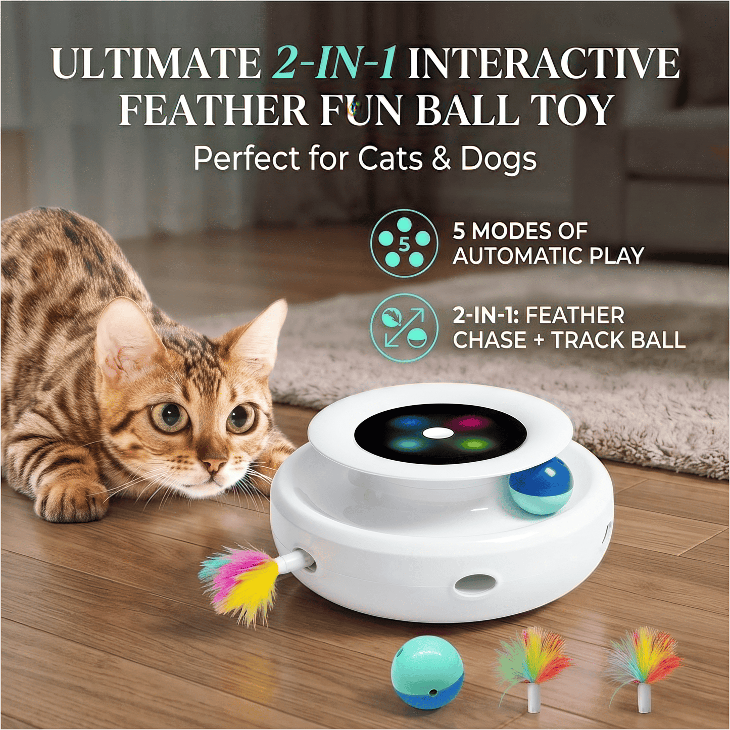 Ultimate 2-in-1 Interactive Feather Fun Ball Toy for Cats & Dogs - 5 Modes of Automatic Play!