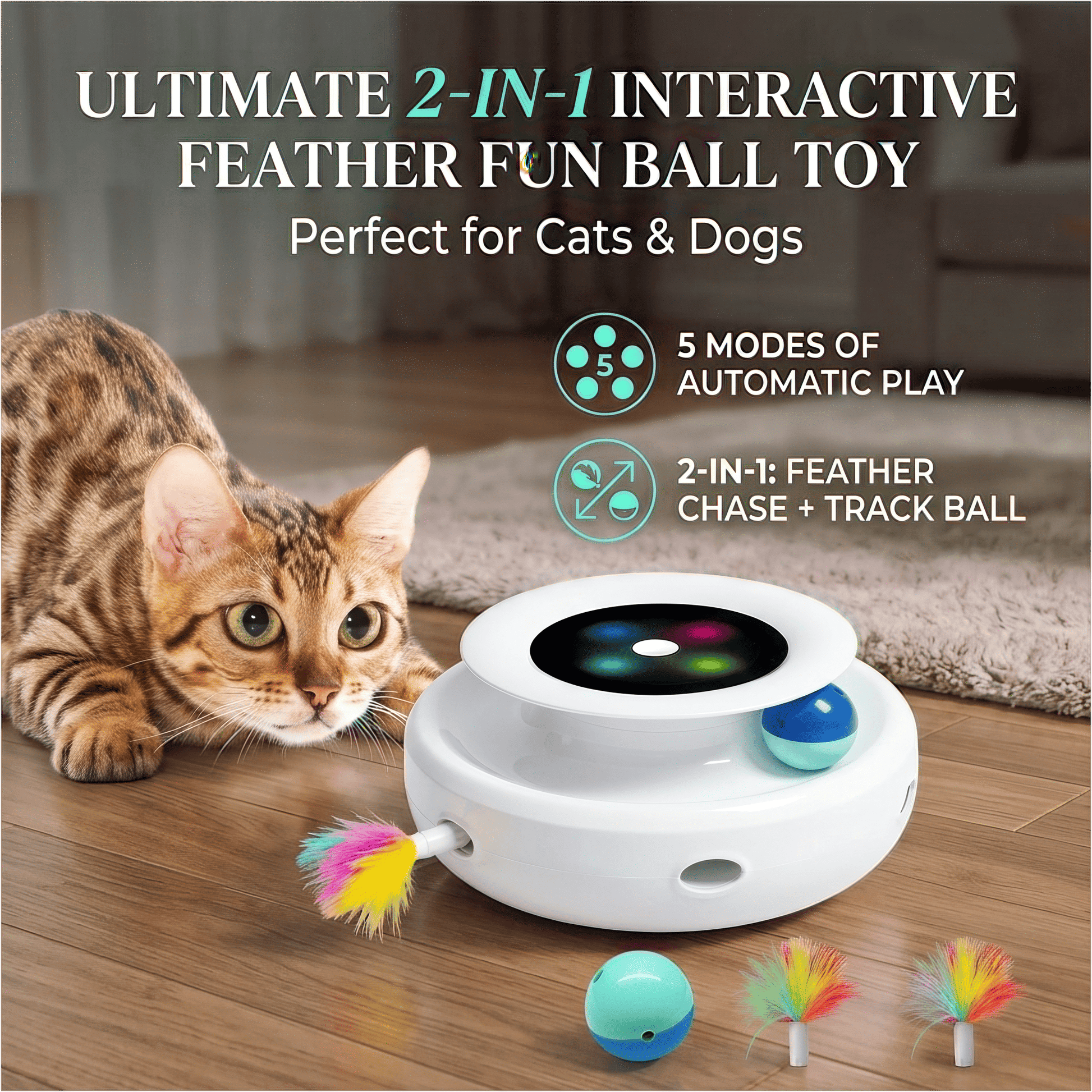Ultimate 2-in-1 Interactive Feather Fun Ball Toy for Cats & Dogs - 5 Modes of Automatic Play!