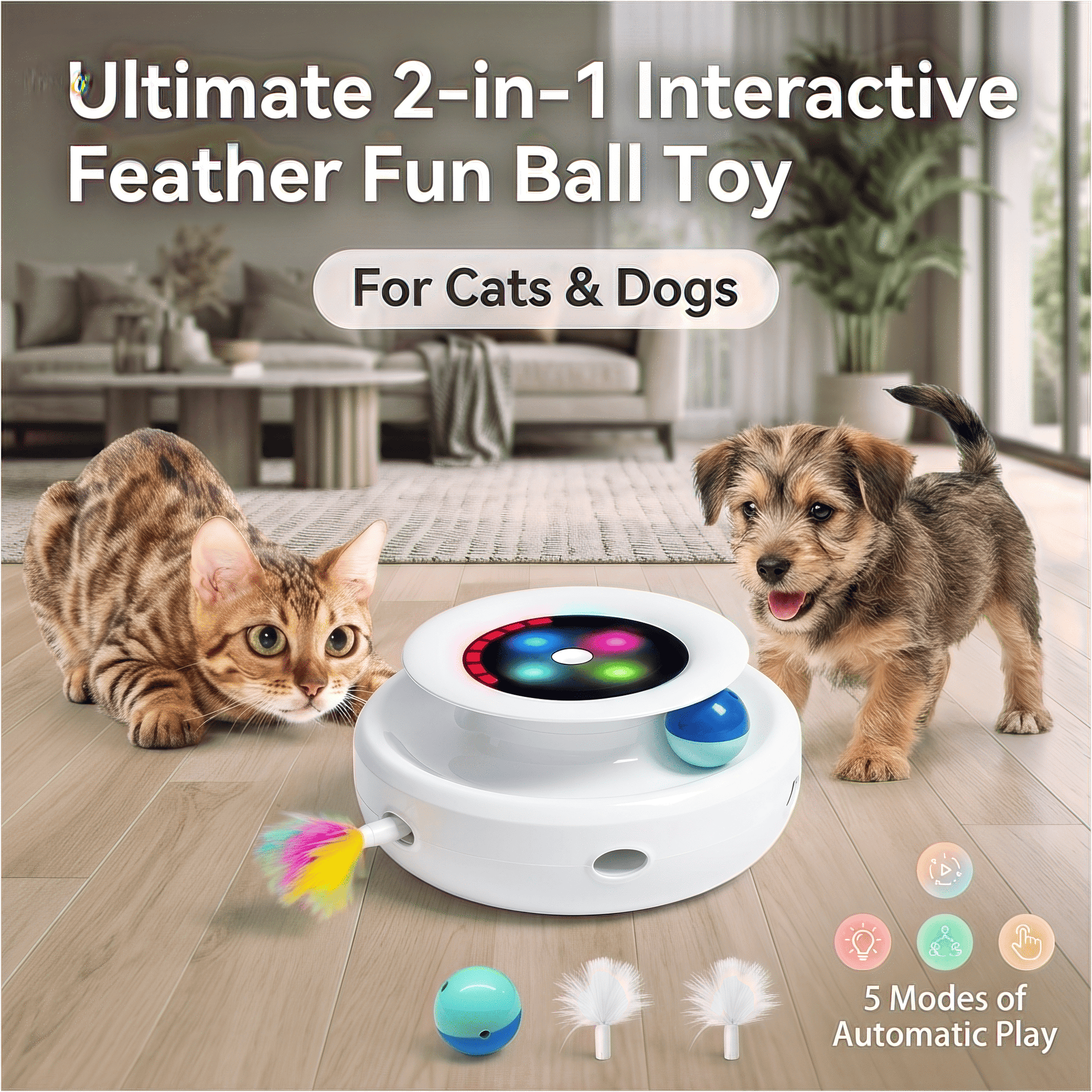 Ultimate 2-in-1 Interactive Feather Fun Ball Toy for Cats & Dogs - 5 Modes of Automatic Play!