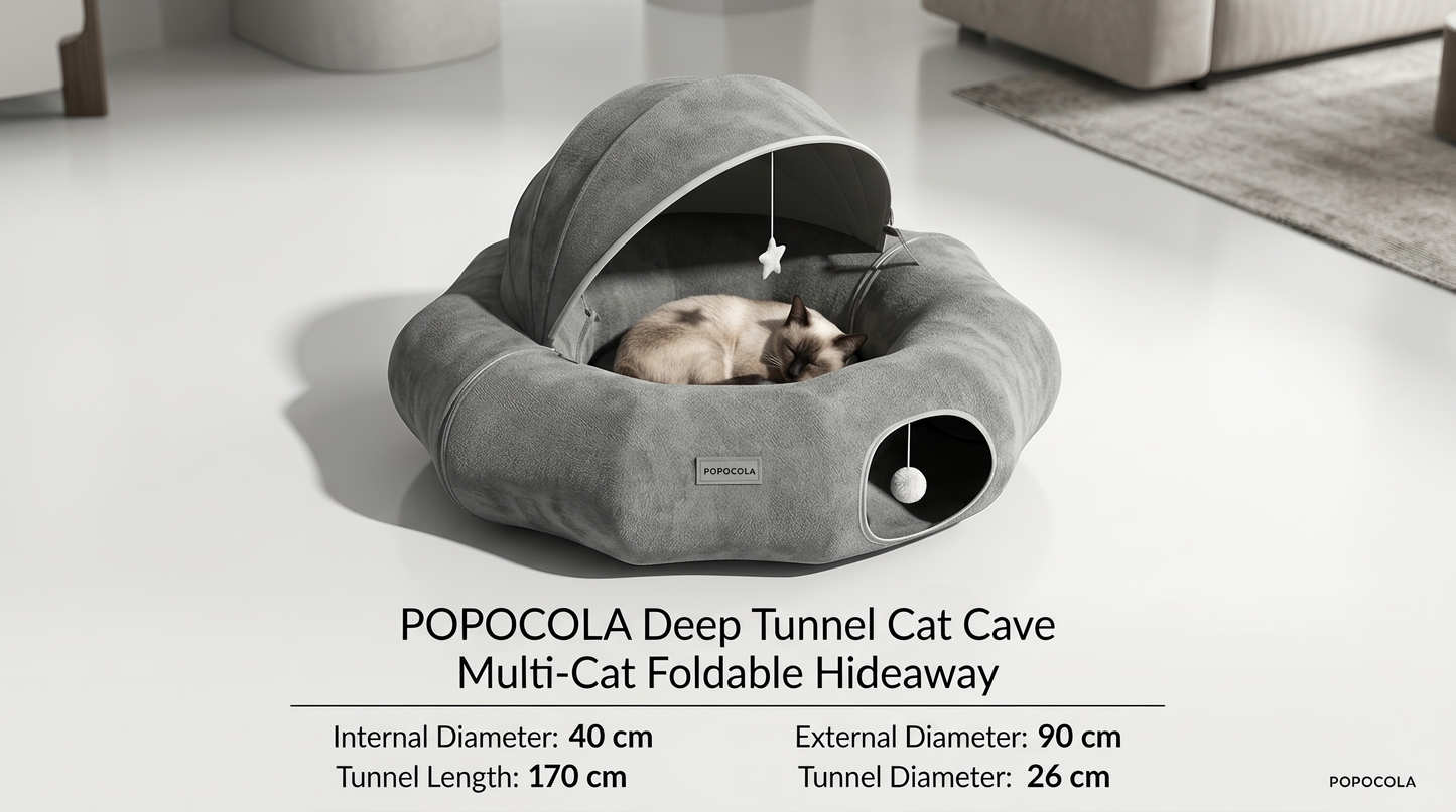 Cozy Suede Deep Tunnel Cat Cave - Enclosed Multi-Cat Warm House & Detachable Donut Hideaway Tent for Play and Sleep