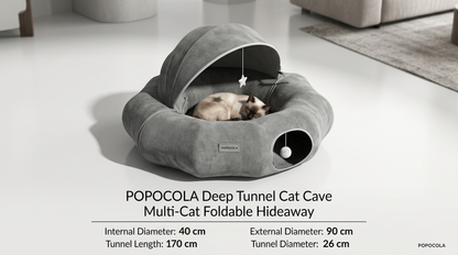 Cozy Suede Deep Tunnel Cat Cave - Enclosed Multi-Cat Warm House & Detachable Donut Hideaway Tent for Play and Sleep