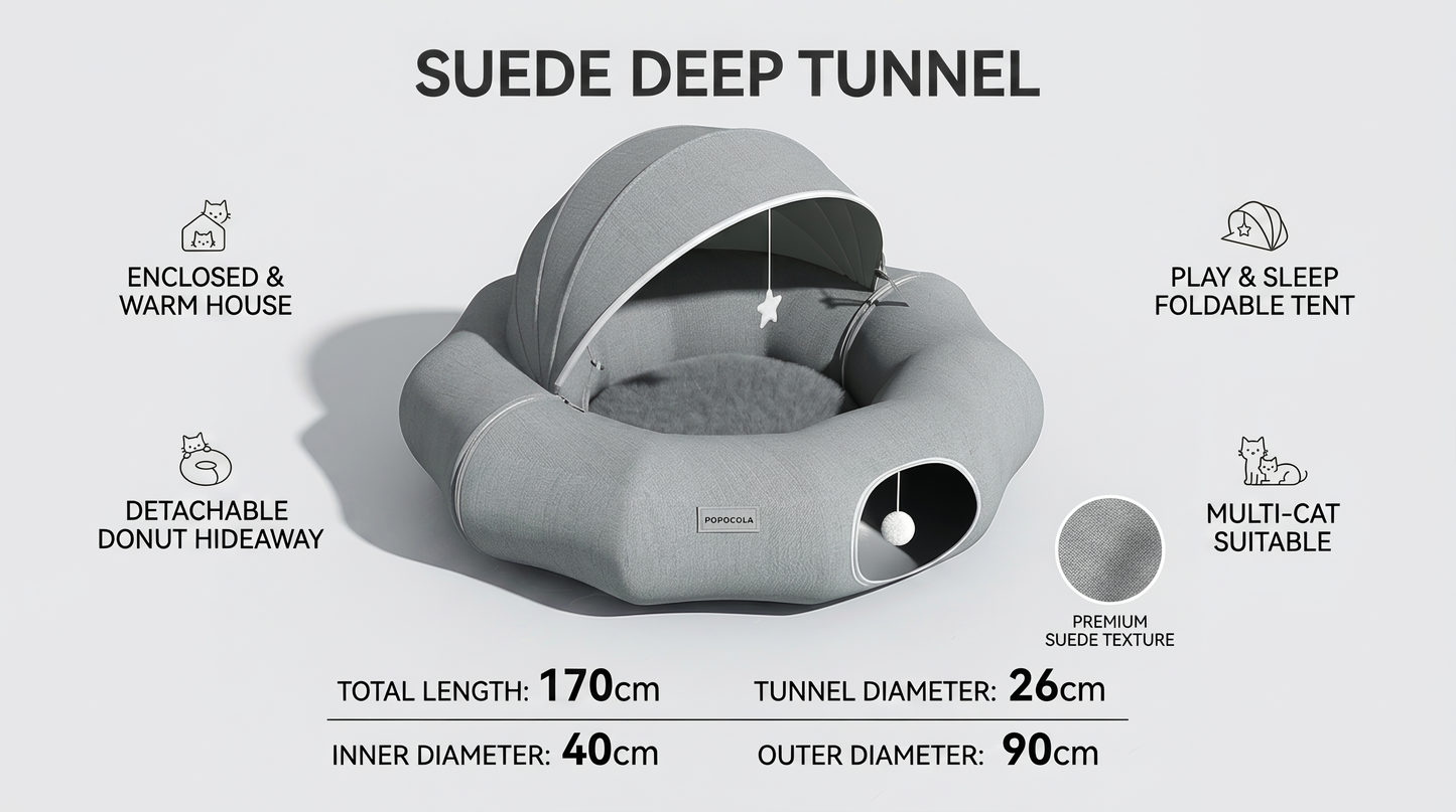 Cozy Suede Deep Tunnel Cat Cave - Enclosed Multi-Cat Warm House & Detachable Donut Hideaway Tent for Play and Sleep