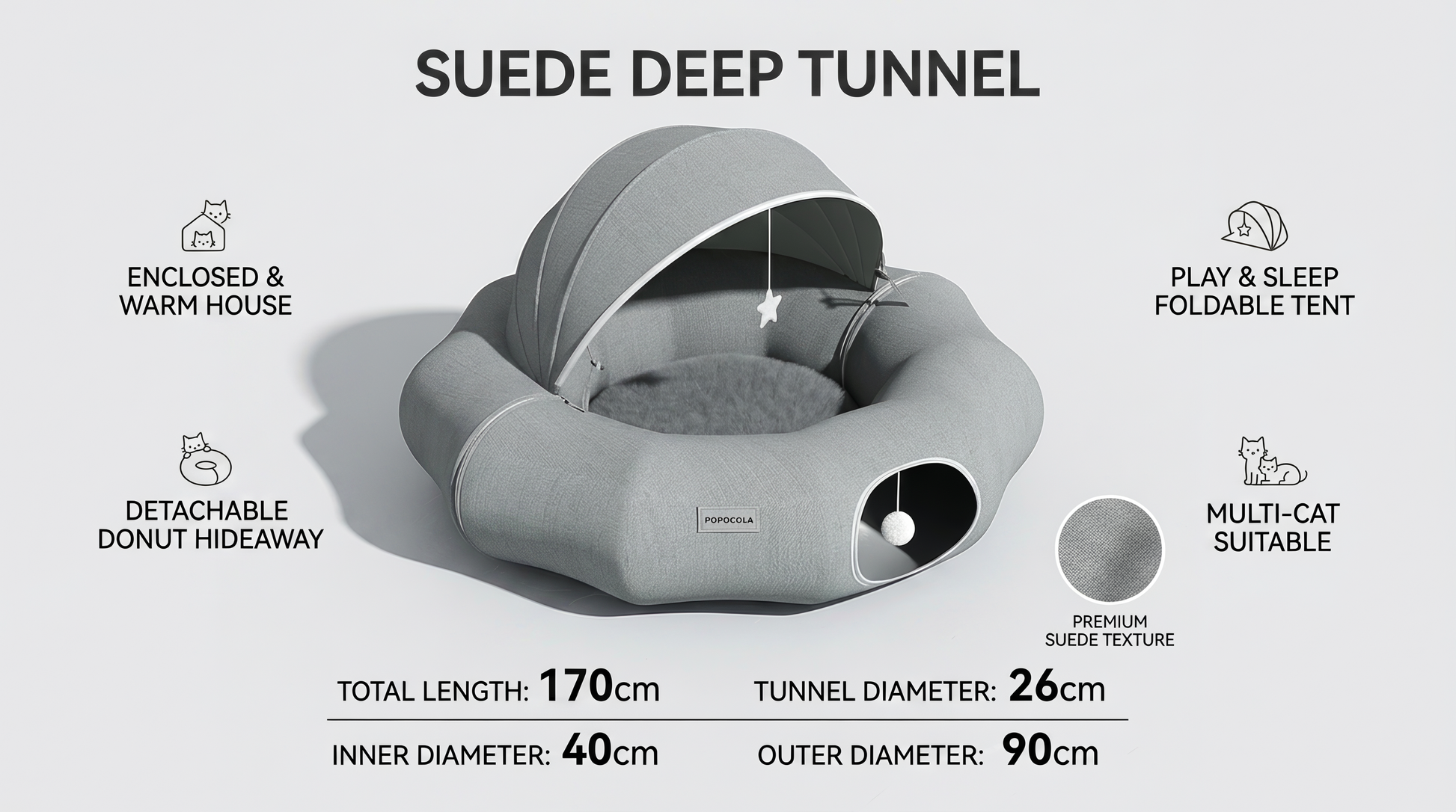 Cozy Suede Deep Tunnel Cat Cave - Enclosed Multi-Cat Warm House & Detachable Donut Hideaway Tent for Play and Sleep