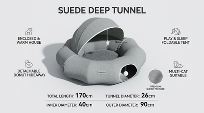 Cozy Suede Deep Tunnel Cat Cave - Enclosed Multi-Cat Warm House & Detachable Donut Hideaway Tent for Play and Sleep