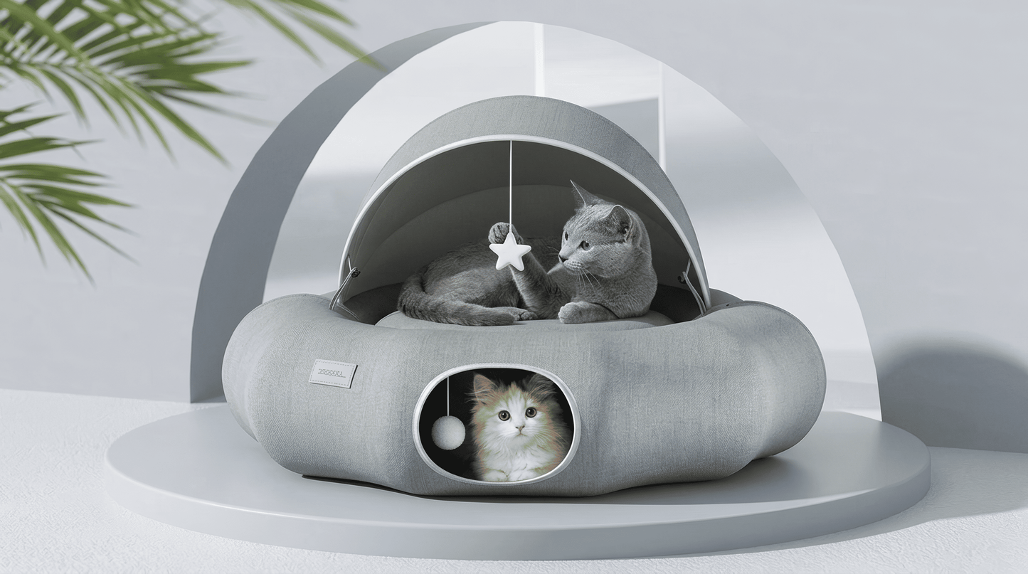 Cozy Suede Deep Tunnel Cat Cave - Enclosed Multi-Cat Warm House & Detachable Donut Hideaway Tent for Play and Sleep