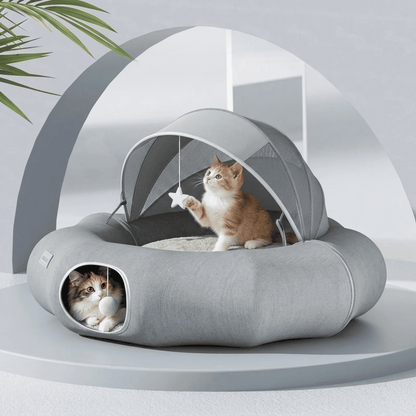 Cozy Suede Deep Tunnel Cat Cave - Enclosed Multi-Cat Warm House & Detachable Donut Hideaway Tent for Play and Sleep