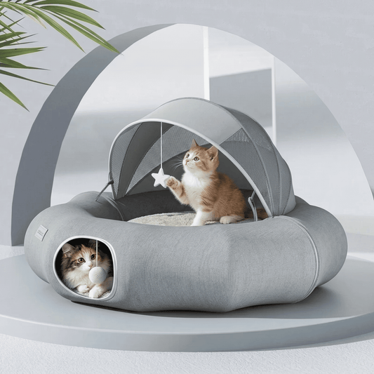 Cozy Suede Deep Tunnel Cat Cave - Enclosed Multi-Cat Warm House & Detachable Donut Hideaway Tent for Play and Sleep