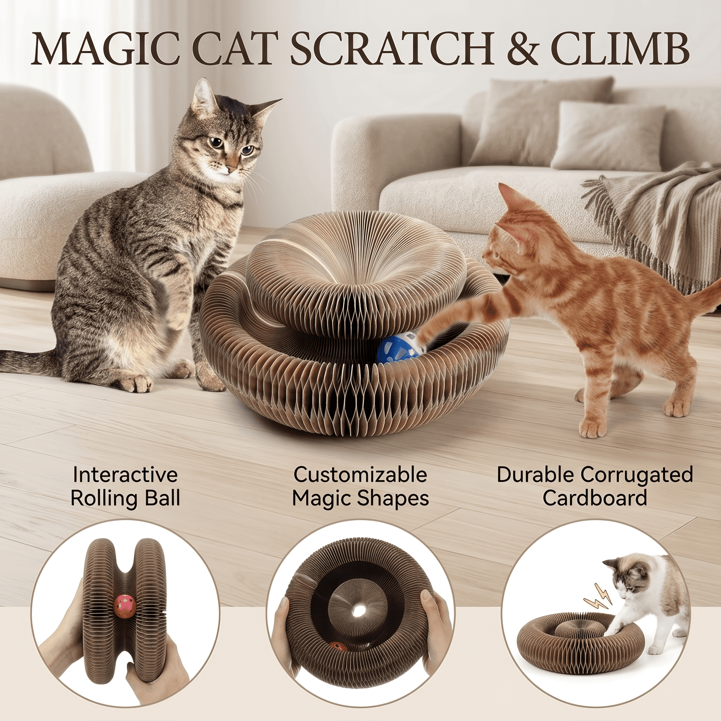 Magic Cat Scratch & Climb Toy - Interactive Corrugated Scratching Board with Ball for Happy Kittens