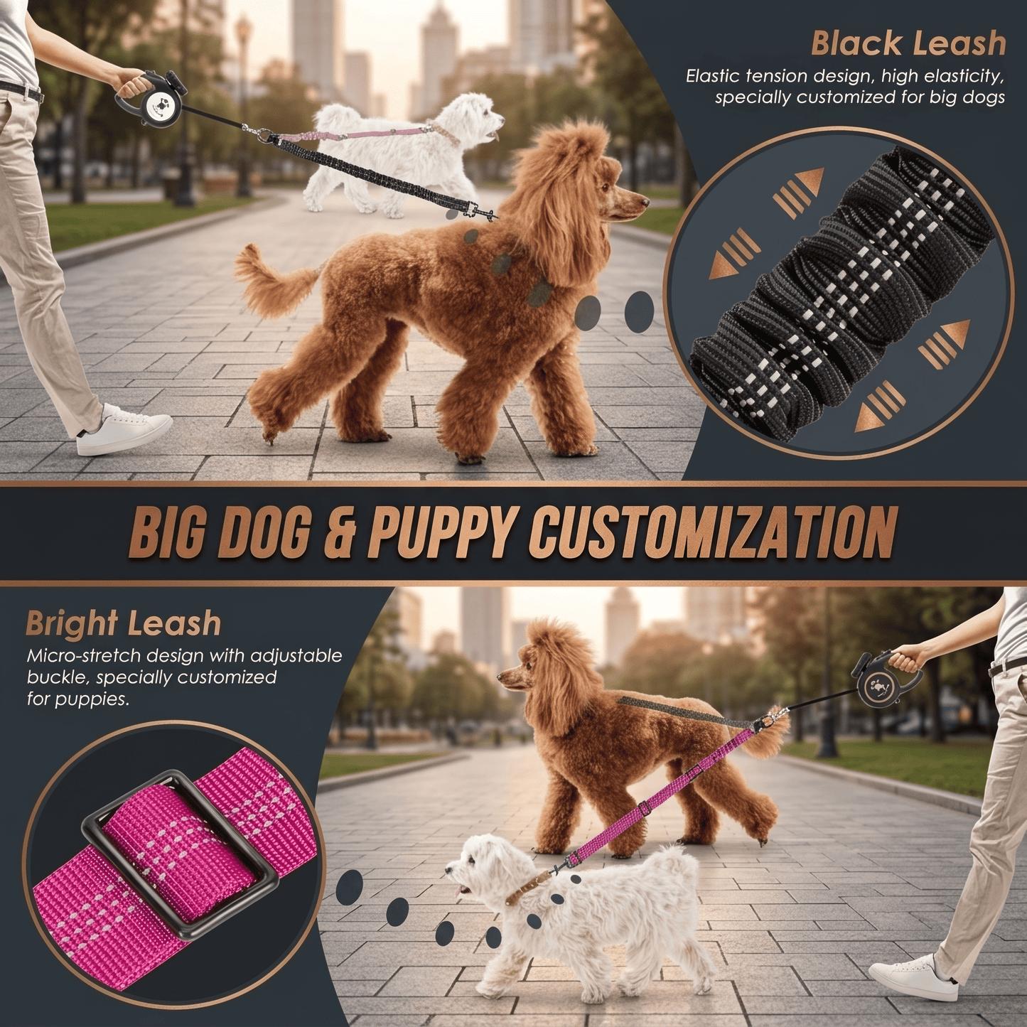Dual Dog Leash Attachment - 1.6Ft Adjustable Bungee Leash for Training Small to Large Dogs - Shock Absorbing Design