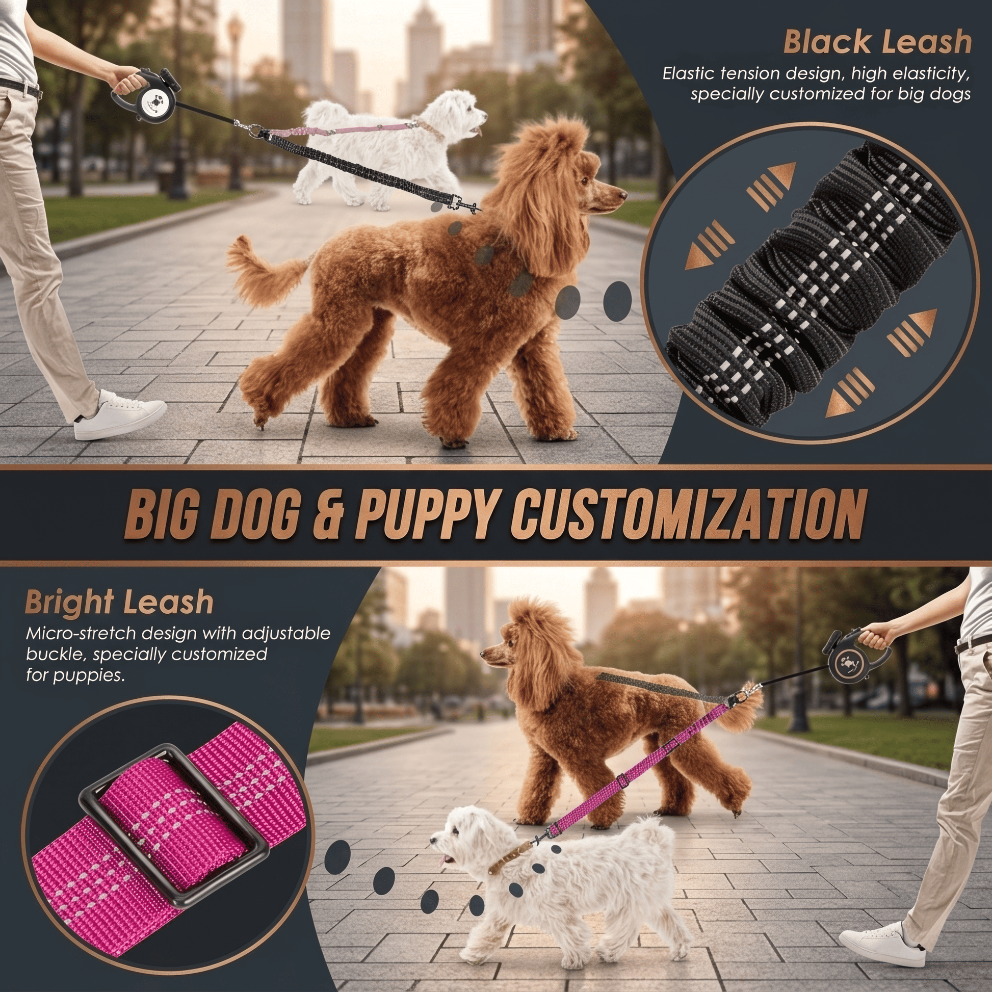Dual Dog Leash Attachment - 1.6Ft Adjustable Bungee Leash for Training Small to Large Dogs - Shock Absorbing Design