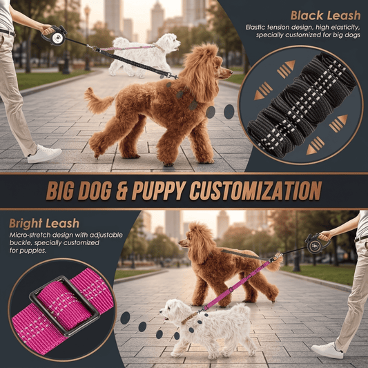 Dual Dog Leash Attachment - 1.6Ft Adjustable Bungee Leash for Training Small to Large Dogs - Shock Absorbing Design