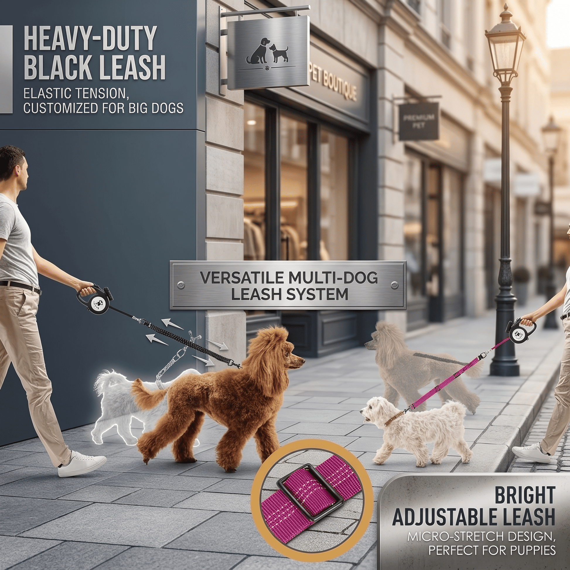 Dual Dog Leash Attachment - 1.6Ft Adjustable Bungee Leash for Training Small to Large Dogs - Shock Absorbing Design