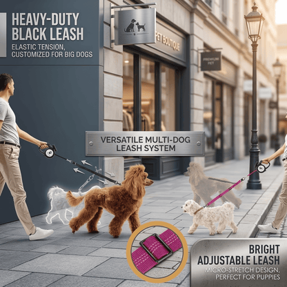 Dual Dog Leash Attachment - 1.6Ft Adjustable Bungee Leash for Training Small to Large Dogs - Shock Absorbing Design