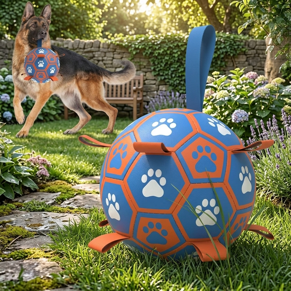 Interactive Dog Football Toy with Woven Strap for Small Medium Large Dogs Indoor Outdoor Play