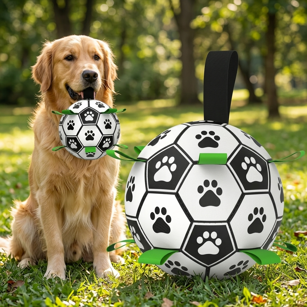 Interactive Dog Football Toy with Woven Strap for Small Medium Large Dogs Indoor Outdoor Play