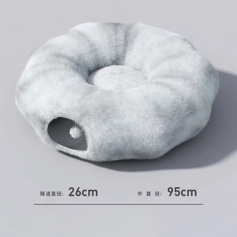 Cozy Suede Deep Tunnel Cat Cave - Enclosed Multi-Cat Warm House & Detachable Donut Hideaway Tent for Play and Sleep