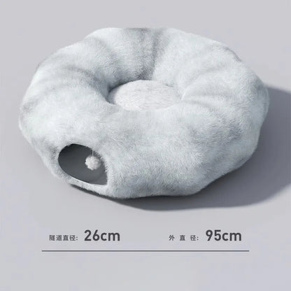 Cozy Suede Deep Tunnel Cat Cave - Enclosed Multi-Cat Warm House & Detachable Donut Hideaway Tent for Play and Sleep