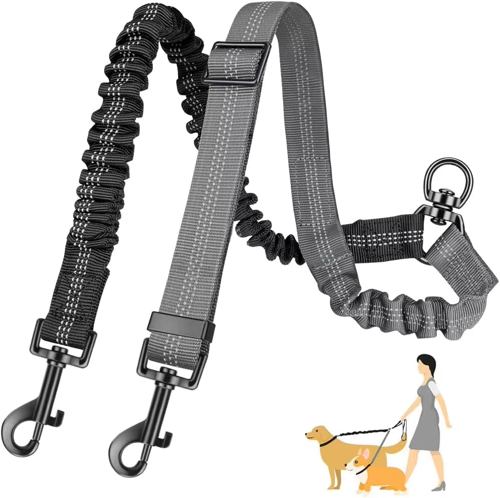 Dual Dog Leash Attachment - 1.6Ft Adjustable Bungee Leash for Training Small to Large Dogs - Shock Absorbing Design