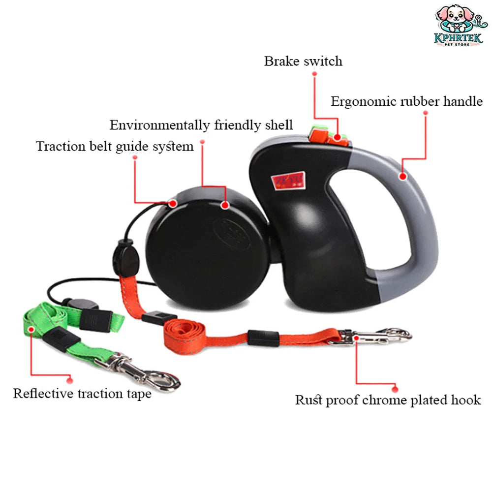 Revolutionary Dual-Dog Retractable Leash with LED Light - Tangle-Free, 360° Design for Dogs Up to 25Kg