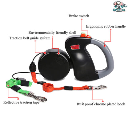 Revolutionary Dual-Dog Retractable Leash with LED Light - Tangle-Free, 360° Design for Dogs Up to 25Kg