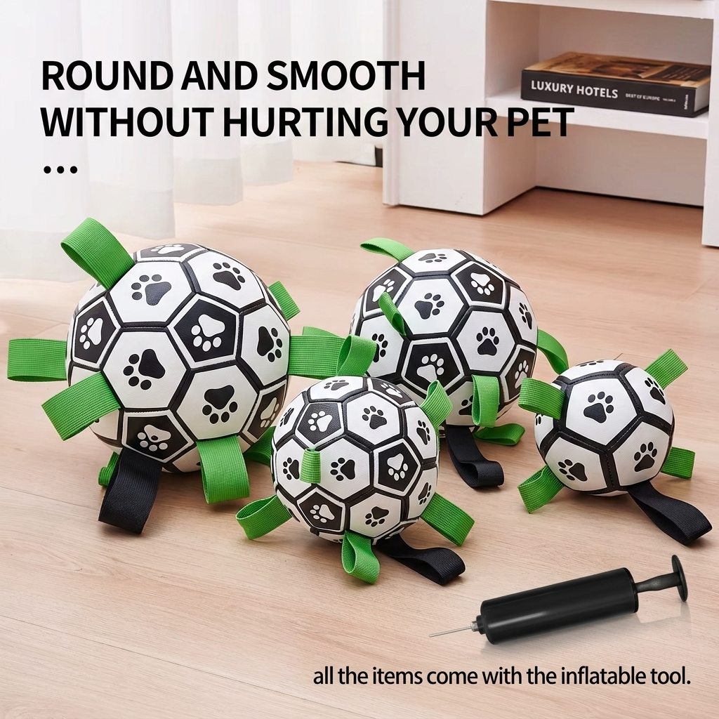 Interactive Soccer Ball Dog Toy with Straps - For dogs of all sizes - Makes summer more fun for your family (Ball Pump comes with all the items)